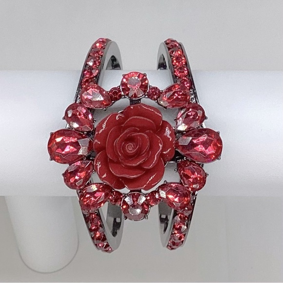 Jewelry - Rose Red Rhinestone Clamper Bracelet, Black Gunmetal Color Bracelet, Red Pink